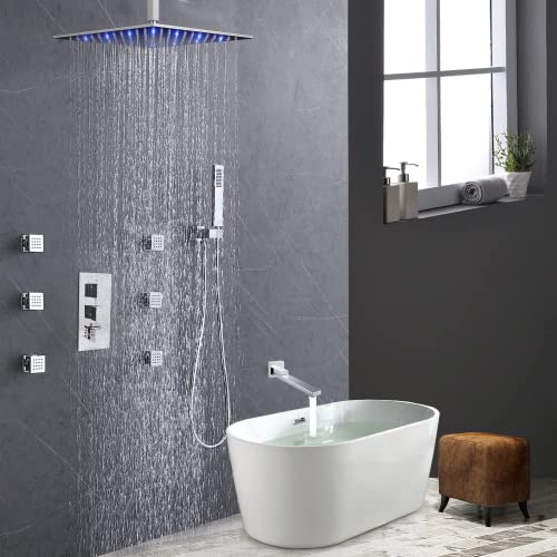 4 Way Thermostatic Shower System with Tub Spout, 12 Inch Ceiling LED Shower Head, Handheld Spray, 6 Body Jet, Chrome - color: Chrome, size: 12" Ceiling Shower