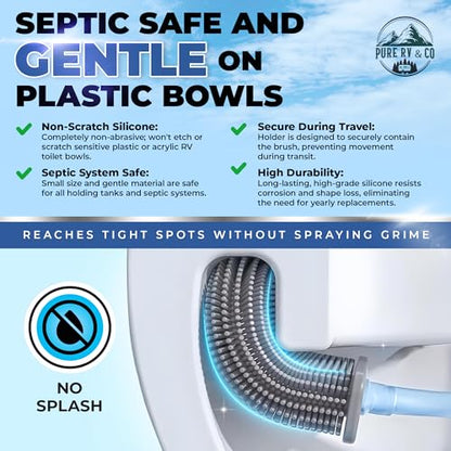 RV Tank Treatment Toilet Brush, Wall Mounted Holder & Septic Safe, Non-Scratch Silicone Flexible D-Head with Durable Long Handle for RVs,Trailers & Camper Bathrooms