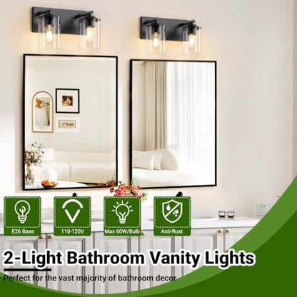 2-Light Black Bathroom Vanity Light, Modern Bathroom Lighting Fixtures with Clear Glass Shade, Bathroom Wall Mounted Lamps for Mirror, Living Room, Bedroom, E26 Socket - size: 2-Light