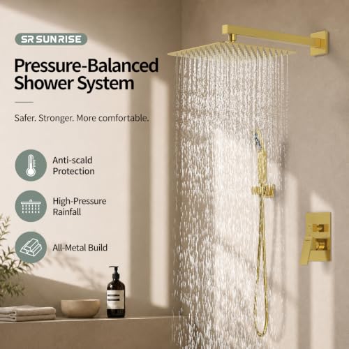 SR SUN RISE 12 Inches Bathroom Luxury Rain Mixer Shower Combo Set Wall Mounted Rainfall Shower Head System Brushed Nickel Finish Shower Faucet Rough-In (12 Inch, Brushed Gold) - color: Brushed Gold, size: 12 Inch