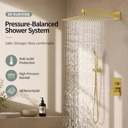 SR SUN RISE 12 Inches Bathroom Luxury Rain Mixer Shower Combo Set Wall Mounted Rainfall Shower Head System Brushed Nickel Finish Shower Faucet Rough-In (12 Inch, Brushed Gold) - color: Brushed Gold, size: 12 Inch