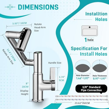Rotatable Bathroom Faucet with Temperature Display in Fahrenheit(Batteries-Free), Height Adjustable Sink Smart Faucet with 3 Water Settings for Bathroom RV Lavatory Vanity Sink, LCF-2401, Chrome - color: Chrome - Fahrenheit