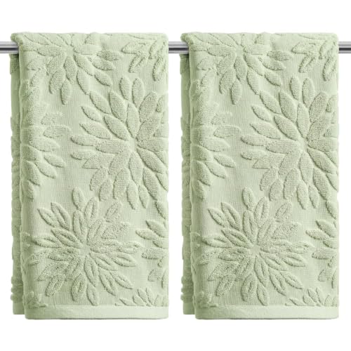 Artoid Mode 2 Pcs Light Green 3D Dahlia Floral Jacquard Hand Towels for Bathroom, Cotton Soft Absorbent Bathroom Decor Towels, 13.7 x 29.5 Inch - color: Light Green, size: 13.7" x 29.5", 2PCS