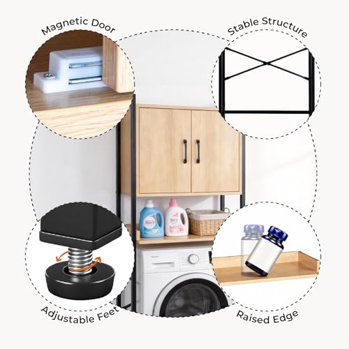 Karl home Over The Toilet Storage Cabinet, Bathroom Space Saver Organizer | Freestanding Above Toilet Rack with Adjustable Shelf, Open Shelf and Acrylic Glass Doors for Bathroom Storage