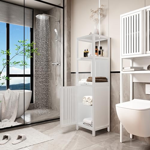 White Linen Tower Bamboo Storage Cabinet 52 Feet Tall Ideal for Living Room Bedroom Bathroom Storage Solutions