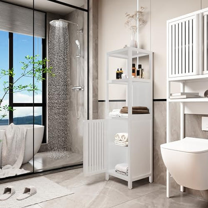 White Linen Tower Bamboo Storage Cabinet 52 Feet Tall Ideal for Living Room Bedroom Bathroom Storage Solutions