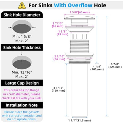Angle Simple Bathroom Sink Stopper Oil-Rubbed Bronze, Pop Up Sink Drain | Only for Sink with Overflow Hole, Brass Stopper with Stainless Steel Tailpiece, Fit 1.61 to 2 Inches Diameter of Drain Hole - color: Oil-rubbed Bronze