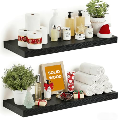 Wood Floating Shelves Floating Wall Shelves Set of 2, Wall Mounted Space Saving Display Rack, 50LBS Capacity Farmhouse Style for Home Bathroom Kitchen Office, 23.6" W×9.25" D×1.57" H, Black - color: Black, size: 23.6'W *9.25"D*1.57"H ,Set of 2