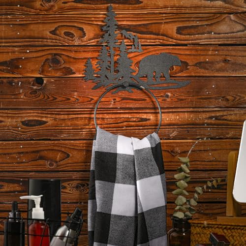 Funrous Bear Towel Holder for Bathroom Matte Black Metal Hand Towel Holder | Rustic Forest Bear Cub Decorative Bath, Toilet Wall Mounted Ring, Hanging Hand Cloth, Round Washcloth Rack Home Kitchen - style: Bear