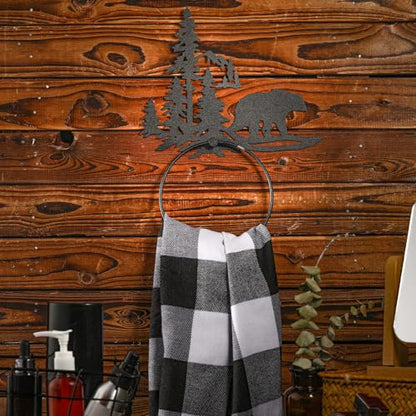 Funrous Bear Towel Holder for Bathroom Matte Black Metal Hand Towel Holder | Rustic Forest Bear Cub Decorative Bath, Toilet Wall Mounted Ring, Hanging Hand Cloth, Round Washcloth Rack Home Kitchen - style: Bear