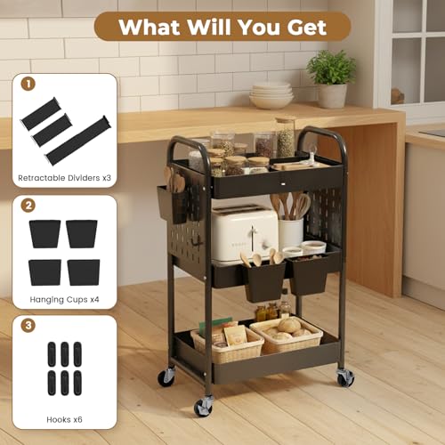 Craft Cart, Black Rolling Cart with Retractable Dividers & DIY Pegboards for Kitchen, Bedroom, Laundry - color: Black