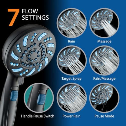 AquaCare 2026 High Pressure 7-mode Handheld Shower Head with Pause Switch | Detachable Showerhead Wand, Stay-Clean Jets, Extra-long 6 ft. Stainless Steel Hose, Dual Wall & Overhead Brackets / Black - color: Black
