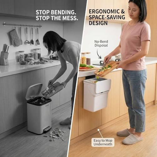 3.2 Galoon Kitchen Compost Bin with lid | Odorless Hanging Trash Can with Sliding Lid for Dry & Wet Waste – 12 L Wall-Mounted Garbage Can for Kitchen Cabinet. Under Sink Trash can for Office.