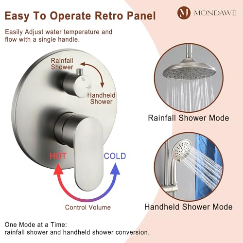MONDAWE 8 Inch Wall Mounted Shower Faucet Set in Brushed Nickel, Rainfall Shower Head with 3-Setting Handheld Spray Shower Set Combo, High Pressure Shower System with Solid Brass Valve - color: Brushed Nickel, style: 8 IN - Without Tub Spout