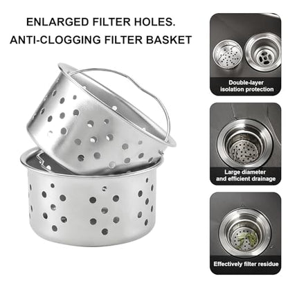 2pcs Kitchen Sink Drain Basket, 3-inch 304 Stainless Steel Drainage Filtration Basket with Handle for Kitchen Sink Strainer Replacement(1.57" Depth)