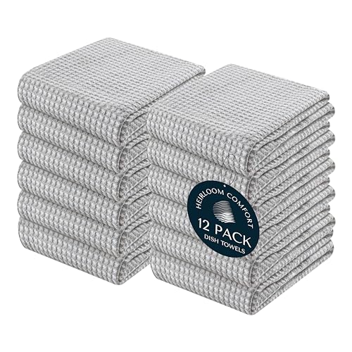 12 Pack 100% Cotton Dual Reversible Waffle Weave Kitchen Towels, 16x26 Inch, Super Absorbent, Quick Dry Dishcloth Set, Soft Hand Towels for Cleaning, Durable, Ash Grey - color: Light Grey, size: 16 x 26 - Pack of 12