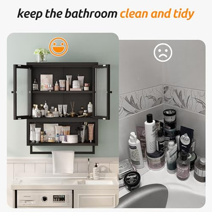 Bathroom Wall Cabinet, Over The Toilet Space Saver Storage Cabinet, Medicine Cabinet with 2 Glass Door and Towel Bar, Metal Wall Mounted Cabinet for Bathroom Laundry Room Kitchen - color: Upgraded Black