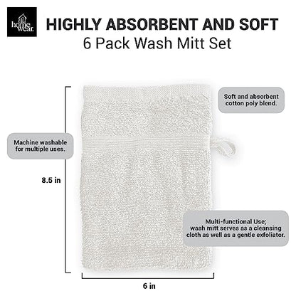 High Rise Stripe 6 Pack 6 x 8.5 Wash Mitt Set, Low Twist, Highly Absorbent, Gentle Hand and Face Cloth, European Style with Loop, White - color: White