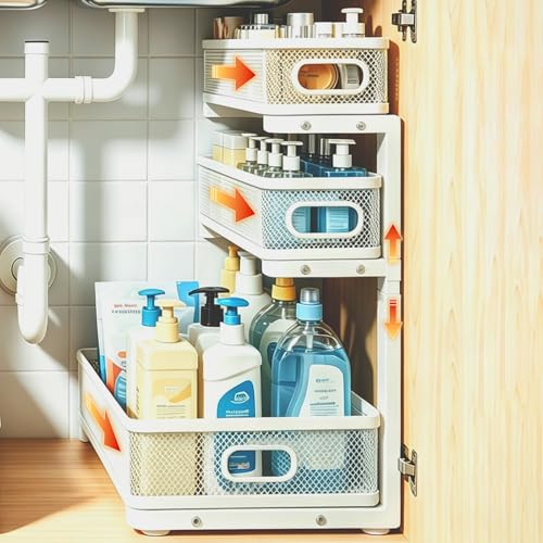 1 Pack 3 Tier Under Sink Organizer with Pull Out Drawer, Height Adjustable Heavy Duty Metal Under Cabinet Organizer, Smooth Sliding Storage Shelf for Kitchen, Bathroom Cabinet Organization, White - color: 1 Pack