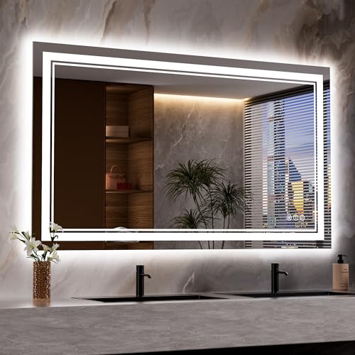 48x28 Inch LED Bathroom Mirror with Lights | Front and Backlit, 3 Colors, Dimmable, Memory, Anti Fog, Shatterproof, Horizontal/Vertical, Lighted Mirrors for Bathroom Wall - color: Dual Lights, size: 48"L x 28"W