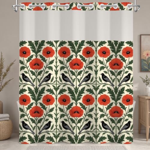 Gothic Floral & Bird Shower Curtain with Snap in Liner, 71Wx74L | No Hooks Needed, Mesh Top Double Layer Waterproof Bath Curtain, Red Poppy Flower & Botanical Print for Vintage Bathroom Decor - color: Birds and Flowers