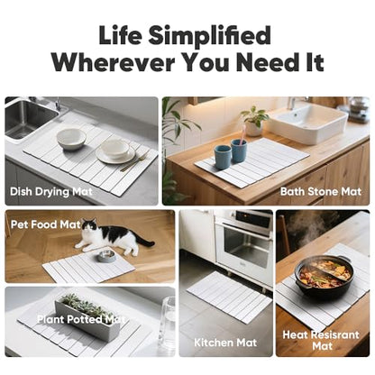 Stone Drying Mat for Kitchen Counter, Quick Diatomaceous Earth Mats for Dishes, 24"L x 16" W Super Absorbent Fast-Drying Collapsible Countertop Stone Mat (White, 24" x 16") - color: White