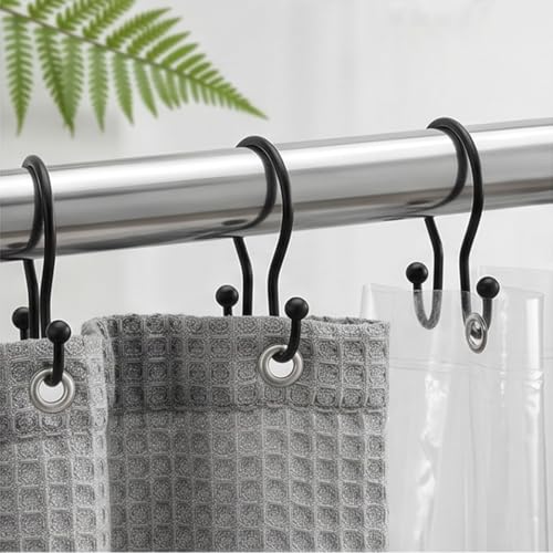 12Pcs Stainless Shower Curtain Hooks,Sturdy Metal Shower Curtain Rings,Glide Roller Double Shower Hooks,Rust Proof Anti-Drop Curtain Hooks,Smooth Sliding Rings for Bathroom Shower Rods Curtains,Black