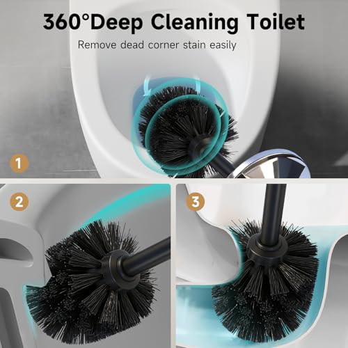 Silver Toilet Brush and Holder，Extra Long Handled Toilet Brush for Bathroom，Stainless Steel Heavy Duty Toilet Bowl Brush,Deep Cleaning Modern Toilet Cleaner Brush -Space Saving, Covered Brush - color: Silver