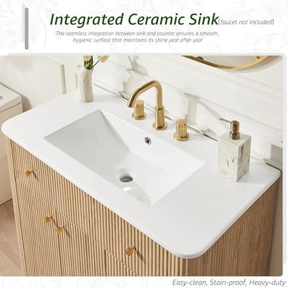 T4TREAM 72" Fluted Bathroom Vanity with 2 Single Sinks, Natural Oak | Integrated Ceramic Sink, Large Storage Cabinet, Adjustable Shelf, 3 Drawers, Three pre-drilled faucet holes, Mid-Century - color: Natural Oak, size: 72" (2 Single Sinks)