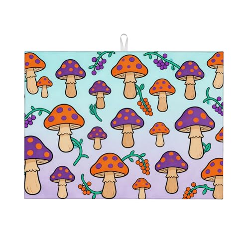Cute Cartoon Mushroom Kitchen Dish Drying Mat Absorbent Reversible Microfiber Pad Fast Drying Countertop Protector Large “18 x 24" Dish Mat - color: Blue-purple-Mushroom