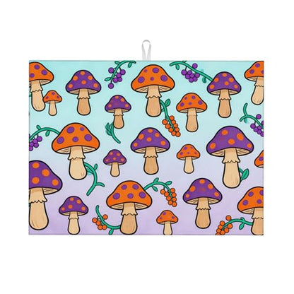 Cute Cartoon Mushroom Kitchen Dish Drying Mat Absorbent Reversible Microfiber Pad Fast Drying Countertop Protector Large “18 x 24" Dish Mat - color: Blue-purple-Mushroom