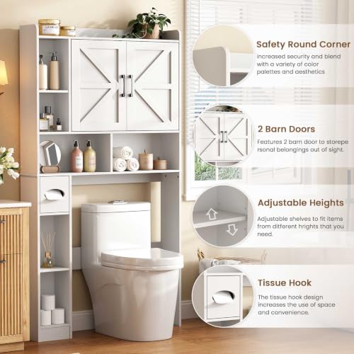 Vabches Over The Toilet Storage Cabinet with 2 Barn Doors, White | Toilet Paper Holder Stand，Home Space-Saving Toilet Rack, for Bathroom, Restroom, Laundry - color: White