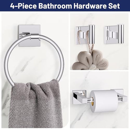 Towel Ring Set 4 Piece Bathroom Hardware Set Includes Towel Ring 2 Towel Hooks and Toilet Paper Holder Stainless Steel Wall Mounted (Polished Chrome) - color: Polished Chrome, size: Set D