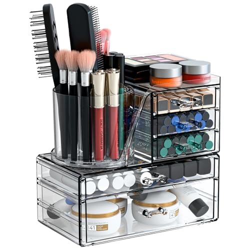 Clear Acrylic Makeup Organizers for Vanity,Countertop,3 Pack Make up Drawer Organizer With Makeup Brush Holder,Plastic Skincare Organizers for Hair Accessories,Beauty,Hair Products,Bathroom,Dresser