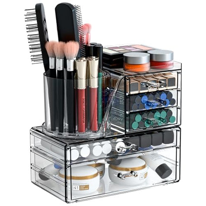 Clear Acrylic Makeup Organizers for Vanity,Countertop,3 Pack Make up Drawer Organizer With Makeup Brush Holder,Plastic Skincare Organizers for Hair Accessories,Beauty,Hair Products,Bathroom,Dresser
