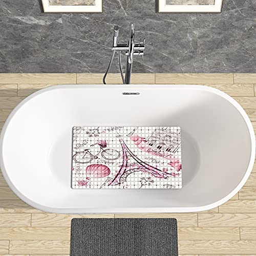 Bath Tub Mat Non Slip Shower Mat Paris Eiffel Tower Pink Retro Love Bike Hot Balloon Extra Long Bathtub Mat 26.8x15 inches Bathroom Bath Mat with Suction Cups Drain Holes Machine Washable