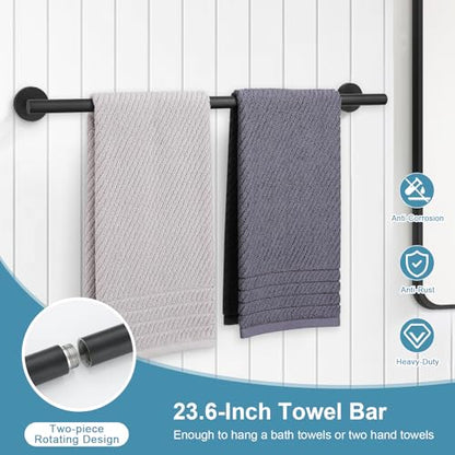 TQKAG 8-Pieces Bathroom Hardware Set Matte Black SUS304 Stainless Steel Bath Towel Bar Set 23.6 Inch Round Bathroom Accessories Kit Wall Mounted - color: Matte Black, size: 8-Pieces Set