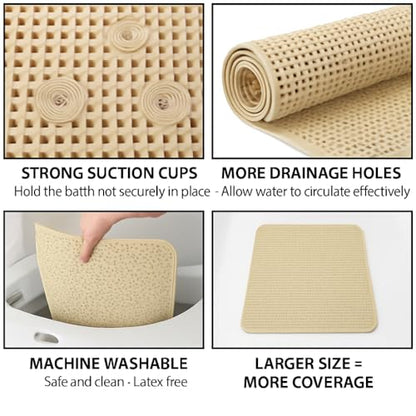 Bathtub and Shower Soft Waffle Cushioned Texture Spa Bathroom Shower and Bath Mat Non Slip 27.5" x 16" with Suction Cups and Drain Holes (Beige) - color: Beige