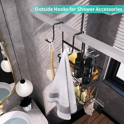 HapiRm Hanging Shower Caddy Over the Door with Soap Holder, No Drilling Adhesive Shower Organizer with 11 Hooks, Rustproof & Waterproof 304 Stainless Steel Bathroom Shelves - Black - color: A-Black