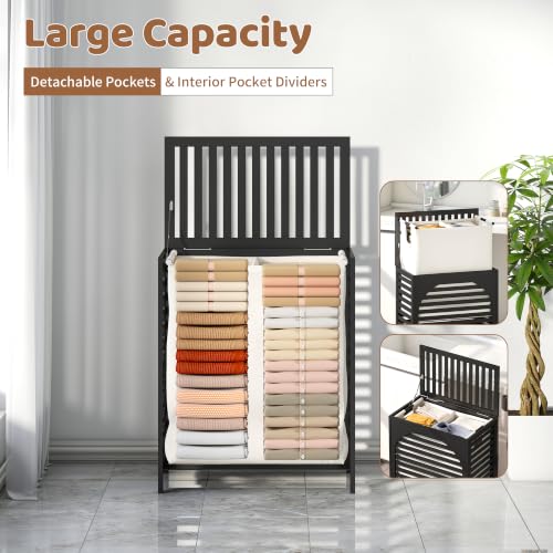 Laundry Hamper with Lid, Bamboo with Handles and Removable Liner Bag, 125L Laundry Basket for Bedroom, Bathroom & Laundry Room(Black) - color: Black