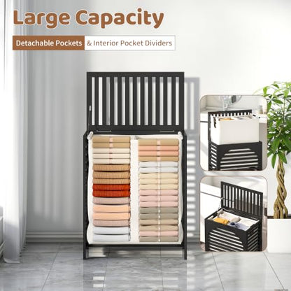 Laundry Hamper with Lid, Bamboo with Handles and Removable Liner Bag, 125L Laundry Basket for Bedroom, Bathroom & Laundry Room(Black) - color: Black