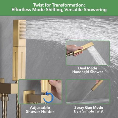 VANFOXLE Shower System Brushed Gold Shower Faucet Set, Push Button Diverter | 10 Inch Ceiling Mount Rain Head Increased Thick, 6 Inch Side Head, 2-in-1 Handheld Sprayer, Solid Brass Valve, Rust Resistant - color: Brushed Gold, style: 10"+6" Head