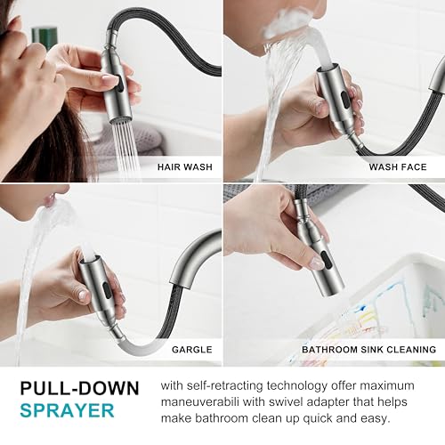 Brushed Nickel Pull Down Bathroom Faucet, 4 Inch 2 Handle Centerset | Pull Out Bathroom Faucet with Pop Up Drain & Supply Lines, Lead-Free cUPC & NSF Certified, 3 Hole Faucet for Vanity RV Bar - color: Brushed Nickel