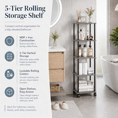 5-Tier 50.4" Tall Oak Grey Bathroom Shelving Unit with Wheels | Wood Finish, Metal Frame, Rolling Narrow Open Shelf Design, for Laundry Room, Kitchen, Living Spaces, Easy to Move - color: Oak Grey, size: 5-Tier