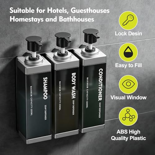 3 Chamber Wall Mount Shampoo and Conditioner Dispenser | 17oz Per Chamber Key Lock Large Pump Refillable ABS Bottle Set For Bathroom Hotel Gym RV Daily Use Silver - color: Silver, size: 3
