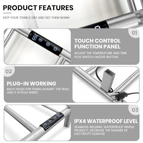 Towel Warmer Wall Mounted with 3 Electric Stainless Steel Heated Bars, Hot Towel Rack for Bathroom, Plug-in BathTowel Heater with Built-in Timer, Brushed Nickel