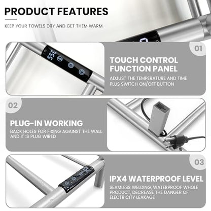 Towel Warmer Wall Mounted with 3 Electric Stainless Steel Heated Bars, Hot Towel Rack for Bathroom, Plug-in BathTowel Heater with Built-in Timer, Brushed Nickel