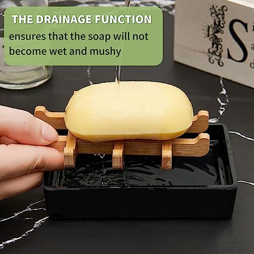 Bamboo Soap Dishes for Shower with Drainage Wooden Soap Bar Holder for Bathroom Soap Tray Easy to Clean, Durable and with Non-Slip Pads(Single Black Square) - color: Single Black Square