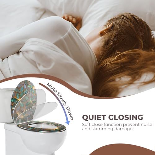Round Resin Toilet Seat, Quietly Close Quick Release Hinges Cover | Toilet Lid Cover Easy to Clean and Install, Fine Mosaic Iridescent Leaves Shimmering Elegant Heavy Duty Toilet Seat - color: pattern10, size: O-shape
