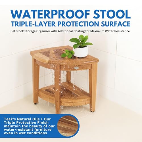 EcoDecors 18” Teak Corner Shower Stool –Waterproof Bench, Space-Saving Bathroom Seat | Compact Teak Shower Stool for Inside Shower | Sturdy 300 Pound Capacity with Shelf & Adjustable Feet | Corner teak shower bench supports up to 350 lb with adjustable no